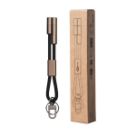 Llavero cargador de nylon reciclado 2 en 1 con USB-C y Lightning 60W vista en caja