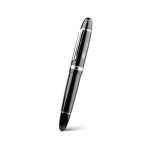 Roller de cuerpo brillante con detalle cromado tipo espejo tinta negra vista con logo impreso