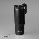 Vaso térmico de acero inoxidable reciclado con pajita abatible 900ml color negro vista con logo impreso
