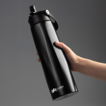 Vaso térmico eco de acero inoxidable reciclado con asa y pajita 1L color negro vista con logo impreso