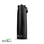 Vaso térmico eco de acero inoxidable reciclado con asa y pajita 1L color negro vista con logo impreso