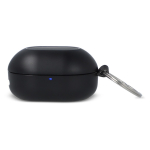 Auriculares pequeños en estuche del tamaño de un llavero color negro cuarta vista