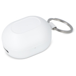 Auriculares pequeños en estuche del tamaño de un llavero color blanco segunda vista