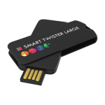 Memoria USB hecha a medida de plástico giratoria hecha en Europa color negro vista con impresión