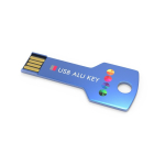 USB hecho a medida de metal y en formato llave hecho en Europa color azul vista con impresión