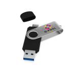 USB hecho a medida de metal con conector USB y tipo C, hecho en EU color negro vista con impresión