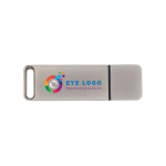 USB hecho a medida de metal con tapón de cierre y fabricado en Europa color plateado vista con impresión