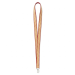 Lanyard hecho a medida de poliéster y corcho con mosquetón color granate septima vista