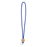 Lanyard tubular hecho a medida poliéster con detalle circular de bambú color azul eléctrico septima vista