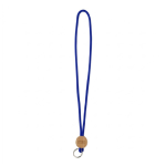 Lanyard tubular hecho a medida poliéster con detalle circular de bambú color azul eléctrico vista de impresión