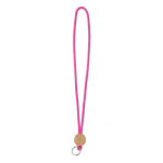 Lanyard tubular hecho a medida poliéster con detalle circular de bambú color fucsia septima vista