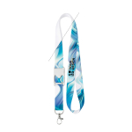 Lanyard hecho a medida de poliéster con abridor de botellas en medio color blanco vista de impresión