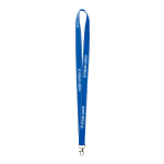 Lanyard hecho a medida de poliéster con hilos reflectantes en el borde color azul vista de impresión