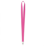 Lanyard hecho a medida de poliéster con hilos reflectantes en el borde color fucsia septima vista