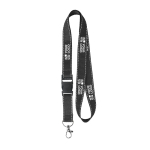 Lanyard de poliéster desmontable hecho a medida con hilos reflectantes color negro vista de impresión
