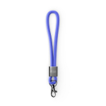 Lanyard muñequera de nailon hecho a medida con pieza metálica color azul vista de impresión