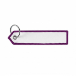Llavero en forma de etiqueta hecho a medida con extremo triangular color morado septima vista