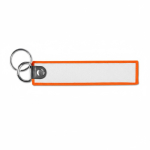 Llavero en forma de etiqueta de tela hecho a medida con doble anilla color naranja septima vista