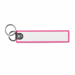 Llavero en forma de etiqueta de tela hecho a medida con doble anilla color fucsia septima vista