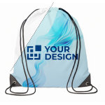 Mochila de cuerdas hecha a medida de RPET con esquinas de PU color blanco vista de impresión