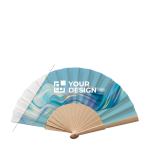 Abanico de madera hecho a medida con tela de poliéster personalizable color blanco vista de impresión