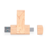 USB de madera clara con clip giratorio y conexión doble tipo C color madera primera vista