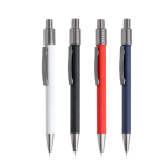 Bolígrafo de aluminio y acabado gomoso con spinner y tinta azul vista con varios colores