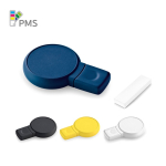 Memoria USB hecha a medida con forma circular y acabado de goma color azul en caja