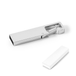 Memoria USB de metal rectangular hecha a medida con mosquetón color plateado en caja