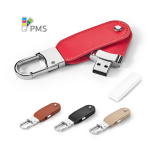 Memoria USB hecha a medida de cuero PU con mosquetón de gancho color rojo en caja