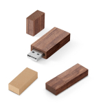 Memoria USB hecha a medida con carcasa de madera de nogal y tapón color madera oscura en caja