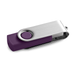 USB custom made con acabado en goma y clip metálico color morado