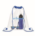 Bolsa de cuerdas de plástico transparente con cordones color azul real vista principal cuarta vista