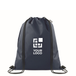 Mochila de cuerdas de RPET con bolsillo lateral y cremallera color azul vista de impresión