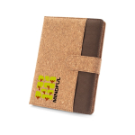 Portafolios con tapa de corcho y poliéster reciclado A5 hojas a rayas color natural imagen con logo