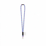 Lanyard tubular de poliamida con mosquetón y etiqueta sublimable color morado