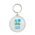 Llavero de plástico fabricado en Europa con anilla metálica color transparente vista de impresión