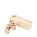 Juego de dados de madera de haya en caja con tapa deslizante color madera vista de impresión