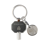 Llavero de zinc reciclado con purgador de radiadores y moneda color negro vista de impresión