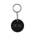Llavero redondo de acero inoxidable reciclado y caucho color negro vista de impresión