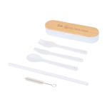 Juego de cubiertos reutilizables con caja y tapa de bambú color blanco vista impresa logo 2