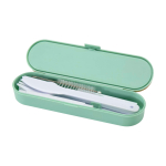 Juego de cubiertos reutilizables con caja y tapa de bambú color verde menta segunda vista