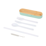 Juego de cubiertos reutilizables con caja y tapa de bambú color verde menta vista impresa logo 2