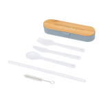 Juego de cubiertos reutilizables con caja y tapa de bambú color azul grisáceo vista impresa logo 2