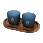 Elegante bandeja de madera con 2 vasos de cristal mate 200ml color azul bondi vista impresión tampografía