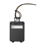 Etiqueta para equipaje con ventana de datos y cordón seguro color negro segunda vista frontal