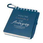 Libreta mini con borde en espiral y bolígrafo de tinta negra color azul marino vista impresión tampografía