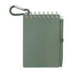 Libreta mini con borde en espiral y bolígrafo de tinta negra color verde jaspeado segunda vista frontal