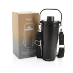 Botella térmica de acero inoxidable reciclado con cordón 600ml color negro segunda vista con caja
