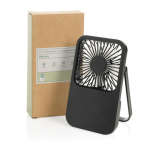 Ventilador de escritorio recargable con 3 velocidades 5W 1.200 mAh color negro vista con caja